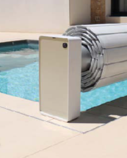 Enrouleur Coverly Blanc/Sable — volet motorisé hors-sol piscine compact