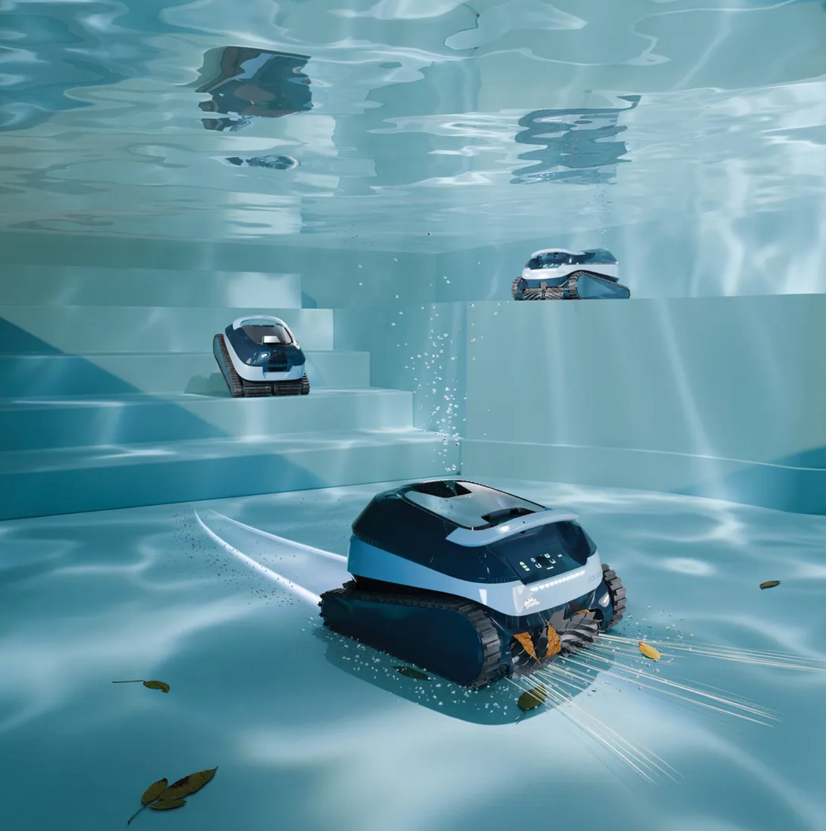 Robot piscine EON nettoyant une plage immergee ou des marches