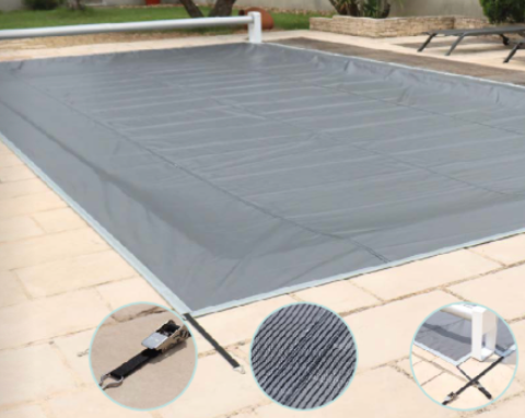 Filet pour couverture automatique piscine polypropylène 150 g/m² — sangles coulissantes fourreaux, renforts PVC triangulaires