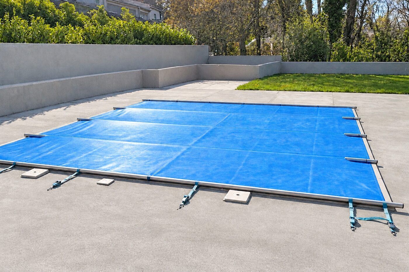 Bâche à barres tendue sur une piscine rectangulaire
