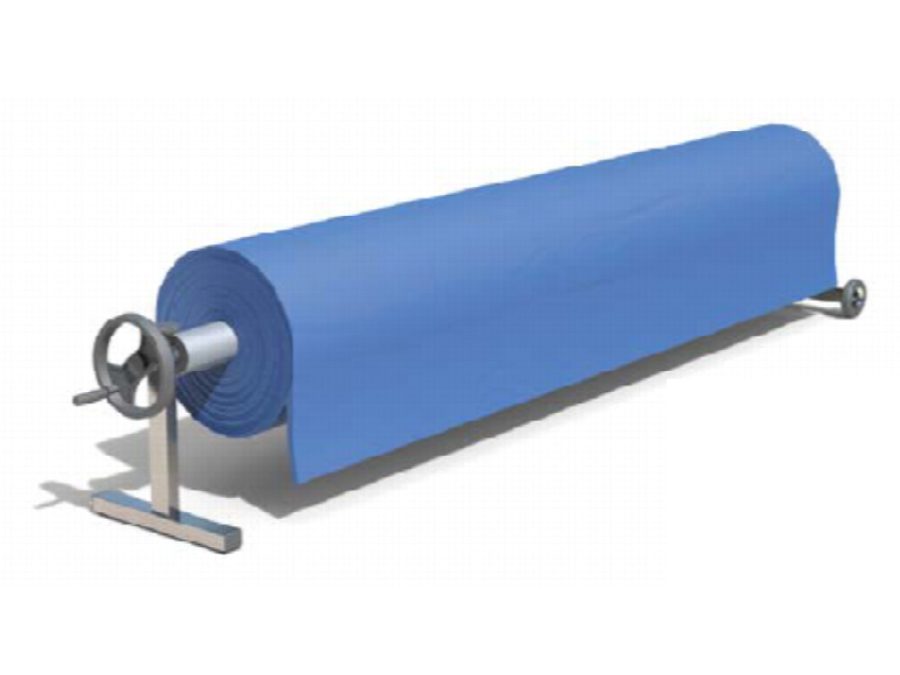 Enrouleur manuel mobile à simple axe portant une couverture mousse bleue